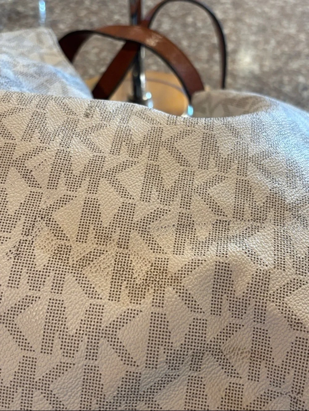 Michael Kors Fulton Large Chain Shoulder Tote in a vanilla MK pattern with Brown - Picture 10 of 17